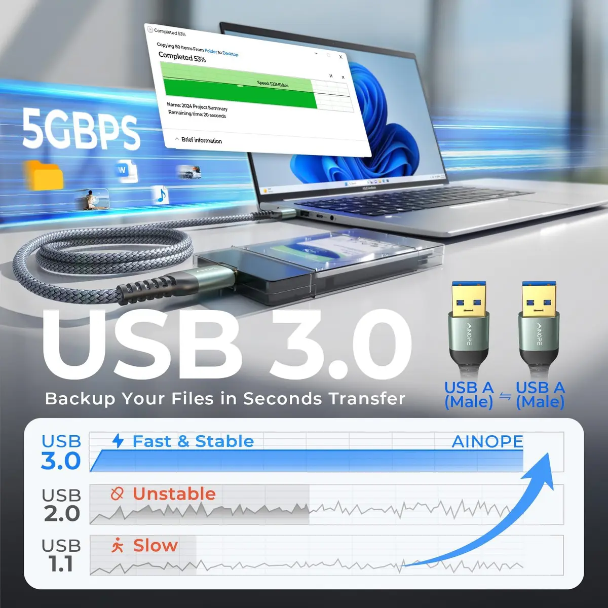 AINOPE USB to USB Cable, 3.3FT*2Pack | Data Transfer & Durable Nylon Braided - view 3
