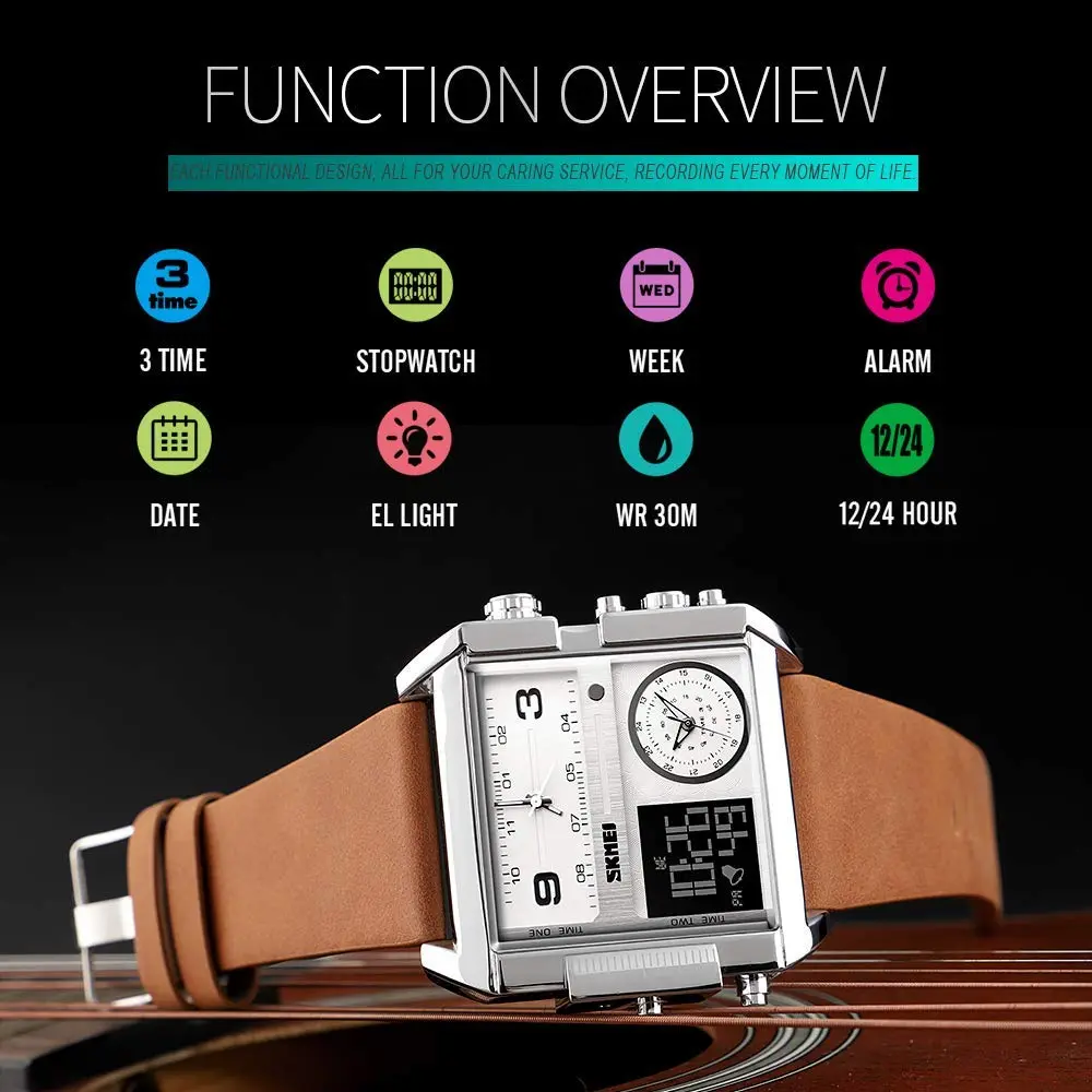 Gosasa Men's Square Large Face Digital Sports Watch with Triple Time Zone & LED Display, 51mm Case | Analog Quartz Movement - view 4