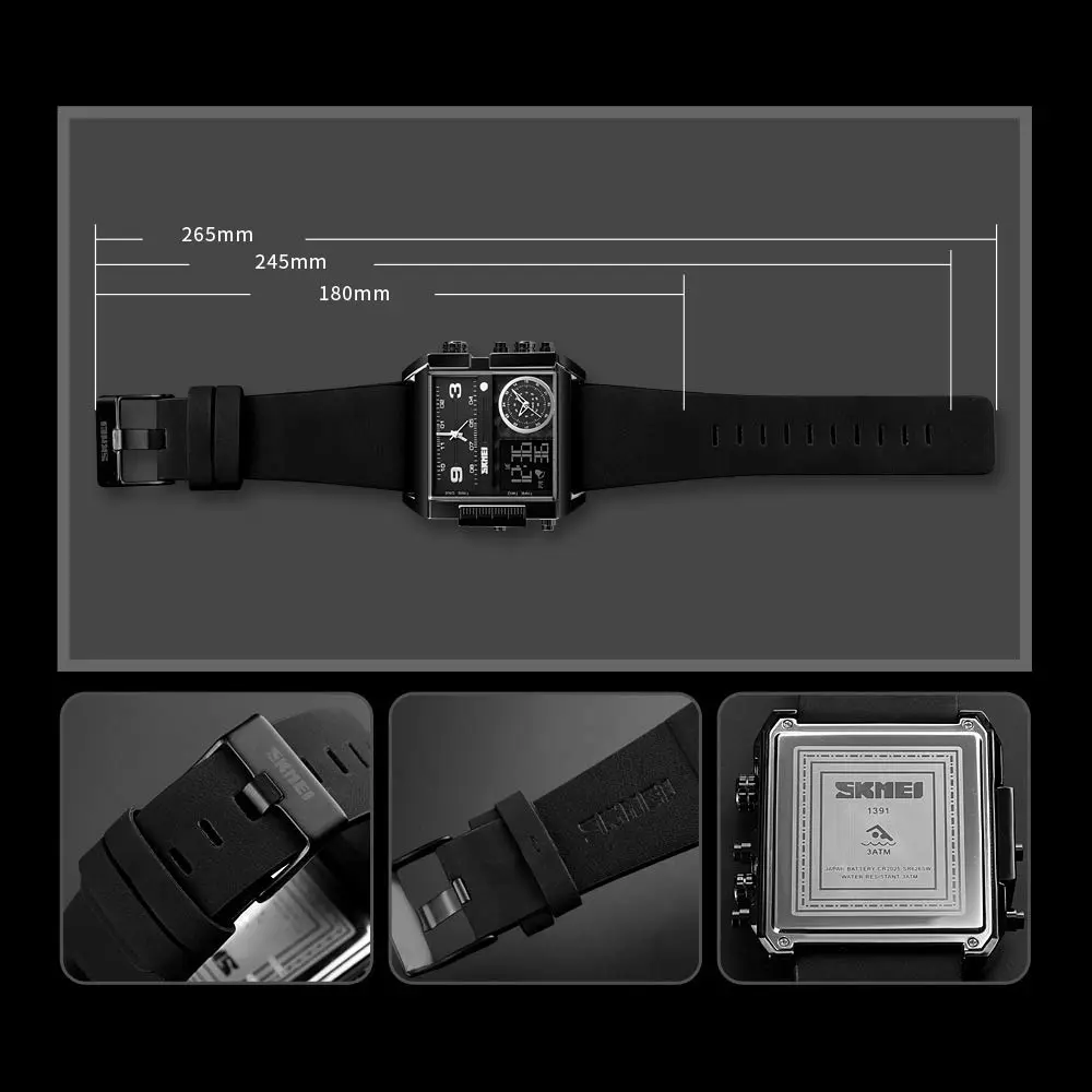 Gosasa Men's Square Large Face Digital Sports Watch with Triple Time Zone & LED Display, 51mm Case | Analog Quartz Movement - view 5