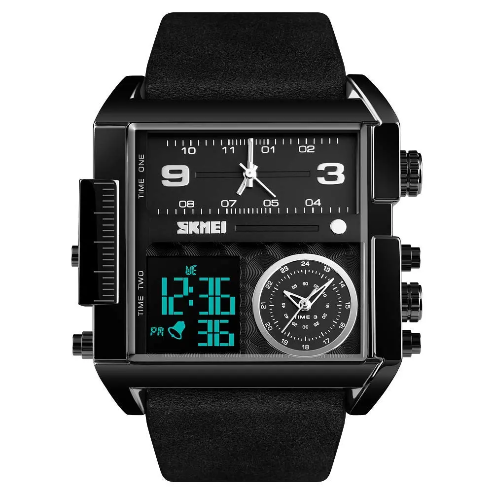 Gosasa Men's Square Large Face Digital Sports Watch with Triple Time Zone & LED Display, 51mm Case | Analog Quartz Movement - main product image