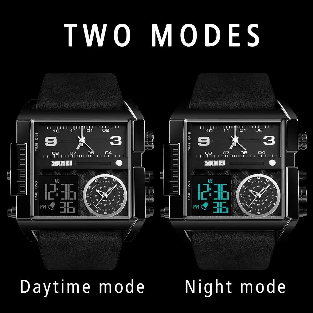 Gosasa Men's Square Large Face Digital Sports Watch with Triple Time Zone & LED Display, 51mm Case | Analog Quartz Movement - view 3