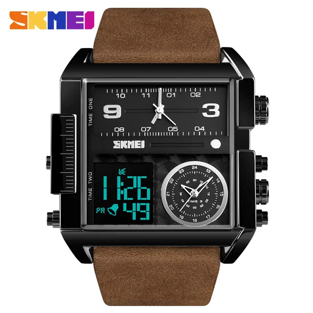 Gosasa Men's Square Large Face Digital Analog Quartz Watch 51mm (Black Coffee Belt) | Triple Time Zone Sports Watch - view 5