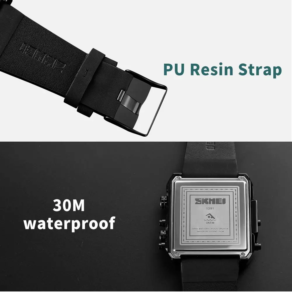Gosasa Men's Square Large Face Digital Analog Quartz Watch 51mm (Black Coffee Belt) | Triple Time Zone Sports Watch - view 6