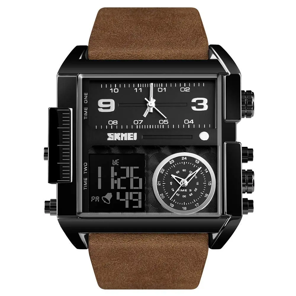 Gosasa Men's Square Large Face Digital Analog Quartz Watch 51mm (Black Coffee Belt) | Triple Time Zone Sports Watch - main product image