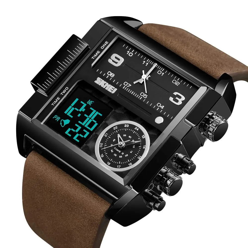 Gosasa Men's Square Large Face Digital Analog Quartz Watch 51mm (Black Coffee Belt) | Triple Time Zone Sports Watch - view 2