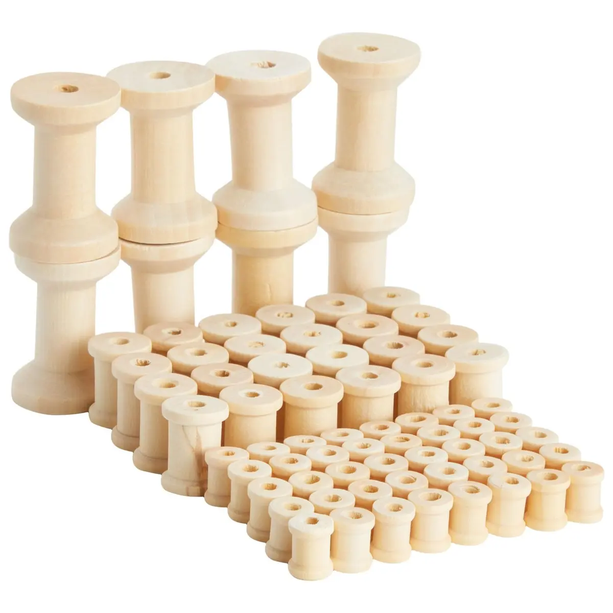 Bright Creations Wooden Spools for Crafts - 72-Pack, Small, Medium & Large, Unfinished Natural Schima Wood | Versatile DIY Thread Holders - main product image