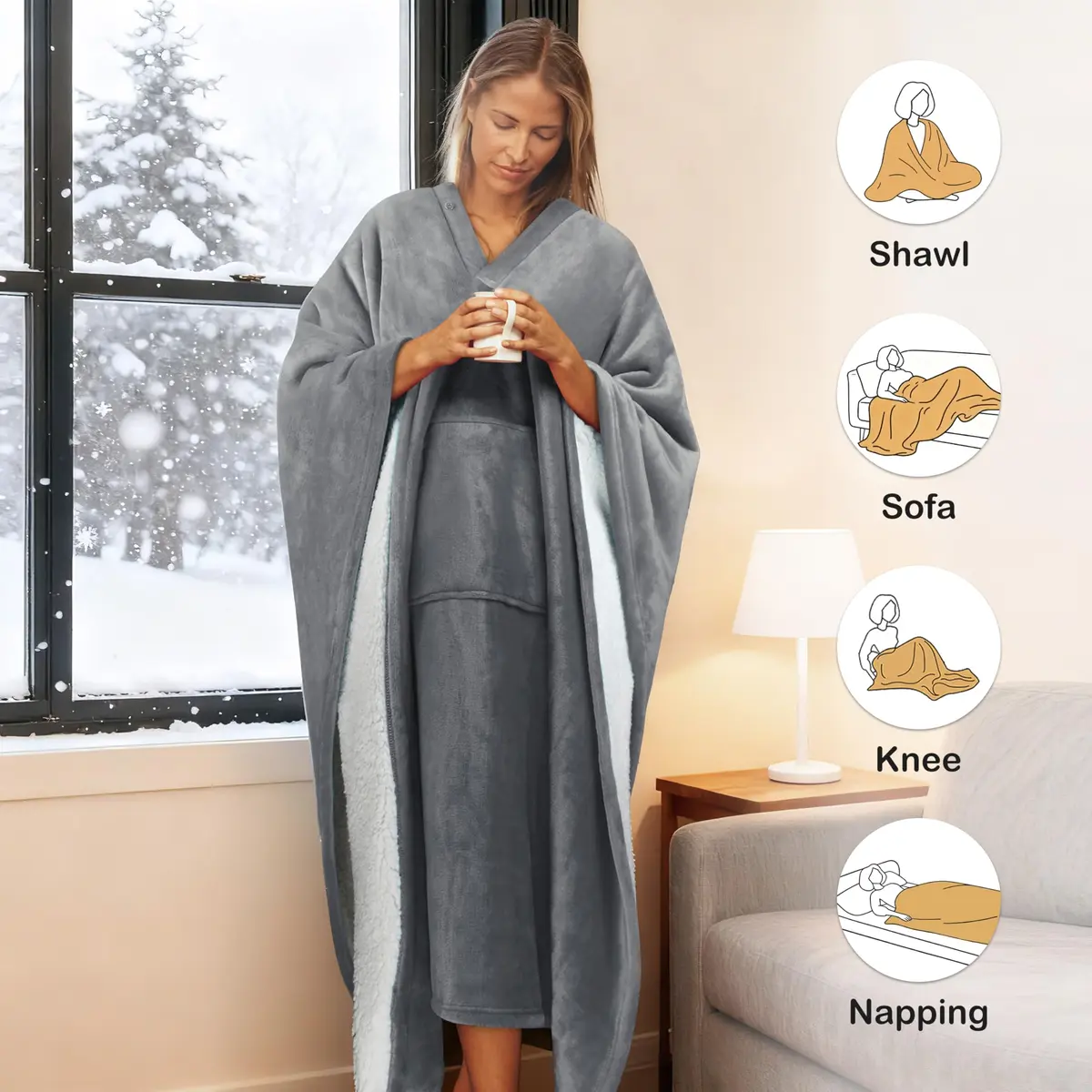 Catalonia Sherpa Wearable Poncho for Adults, Grey | Cozy, Soft, Unisex, No Sleeves - view 4