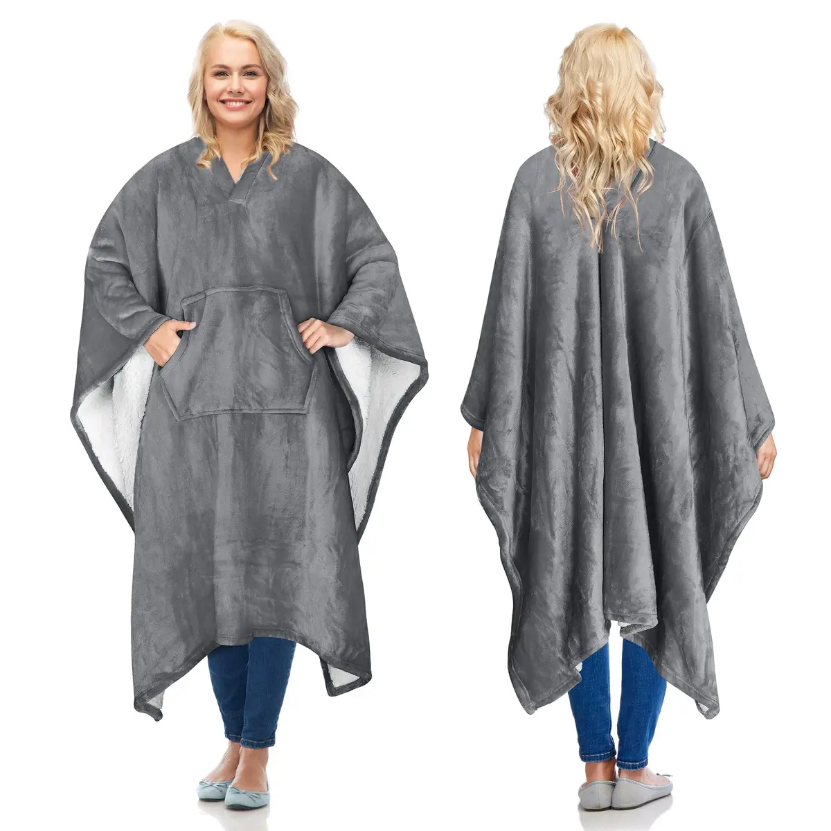 Catalonia Sherpa Wearable Poncho for Adults, Grey | Cozy, Soft, Unisex, No Sleeves - main product image