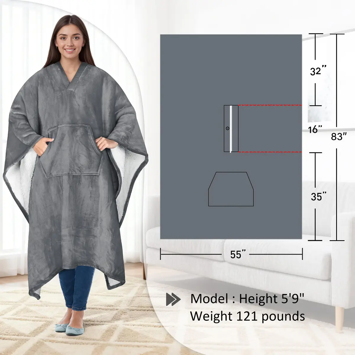 Catalonia Sherpa Wearable Poncho for Adults, Grey | Cozy, Soft, Unisex, No Sleeves - view 7