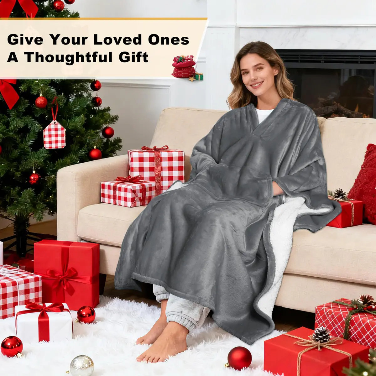 Catalonia Sherpa Wearable Poncho for Adults, Grey | Cozy, Soft, Unisex, No Sleeves - view 2