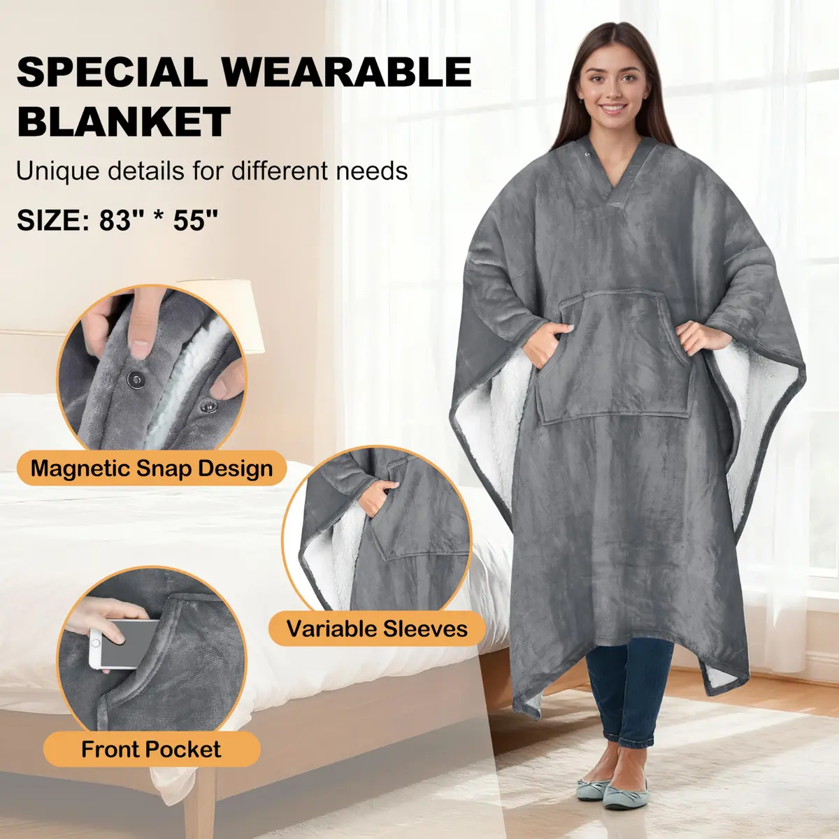 Catalonia Sherpa Wearable Poncho for Adults, Grey | Cozy, Soft, Unisex, No Sleeves - view 3