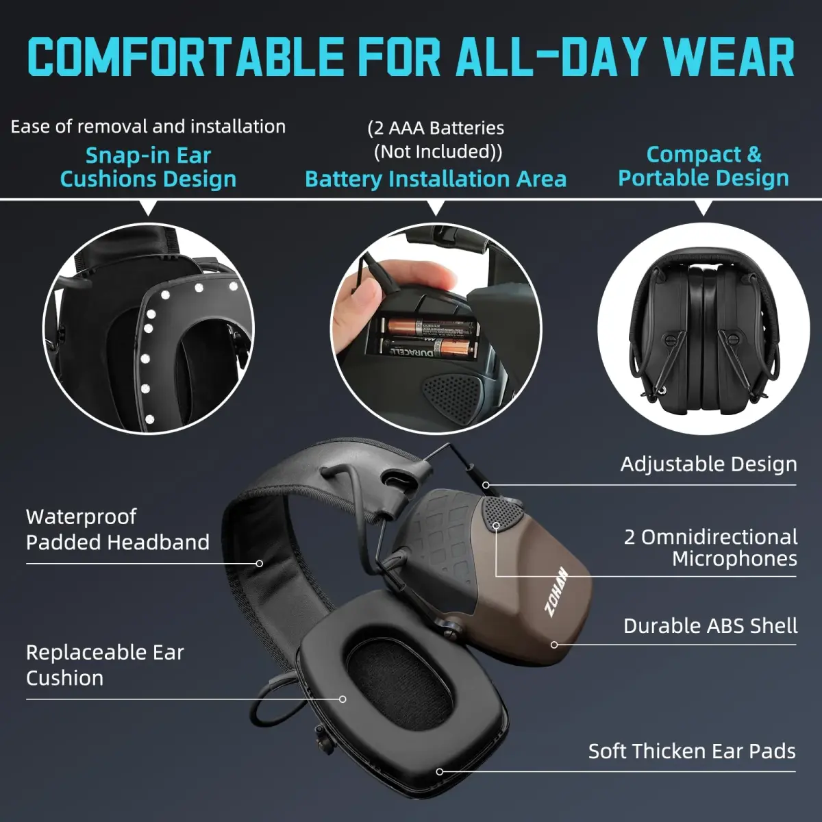 ZOHAN EM054 Electronic Ear Protection for Shooting Range with Sound Amplification Noise Reduction, Ear Muffs for Gun Range (Brown) - NRR 22dB - view 5