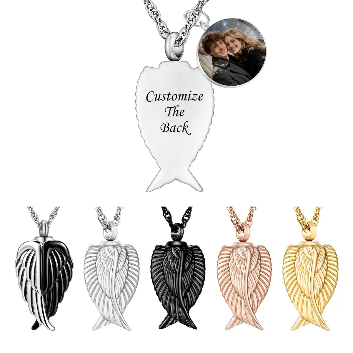 Dletay Customized Angel Wing Cremation Necklace for Ashes | Stainless Steel Memorial Pendant 2.5cm - main product image