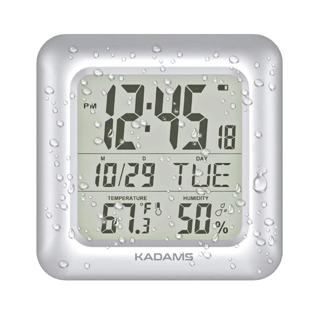 KADAMS 9.5" Bathroom Clock with Large LCD Screen & Temperature/Humidity Display | Water-Resistant, 4 Mounting Options, Silver - main product image