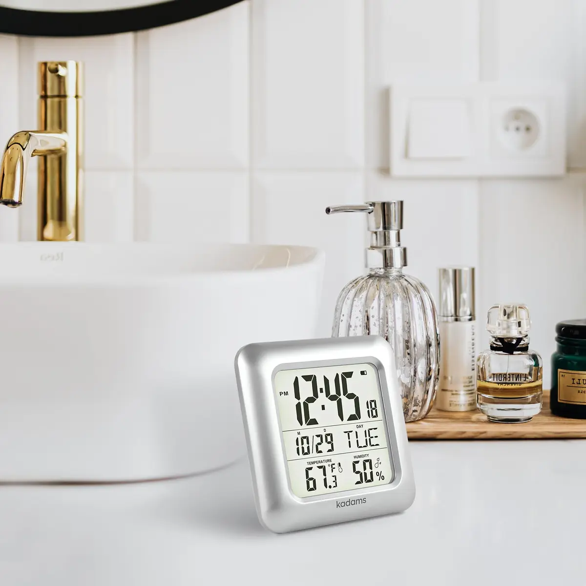 KADAMS 9.5" Bathroom Clock with Large LCD Screen & Temperature/Humidity Display | Water-Resistant, 4 Mounting Options, Silver - view 6
