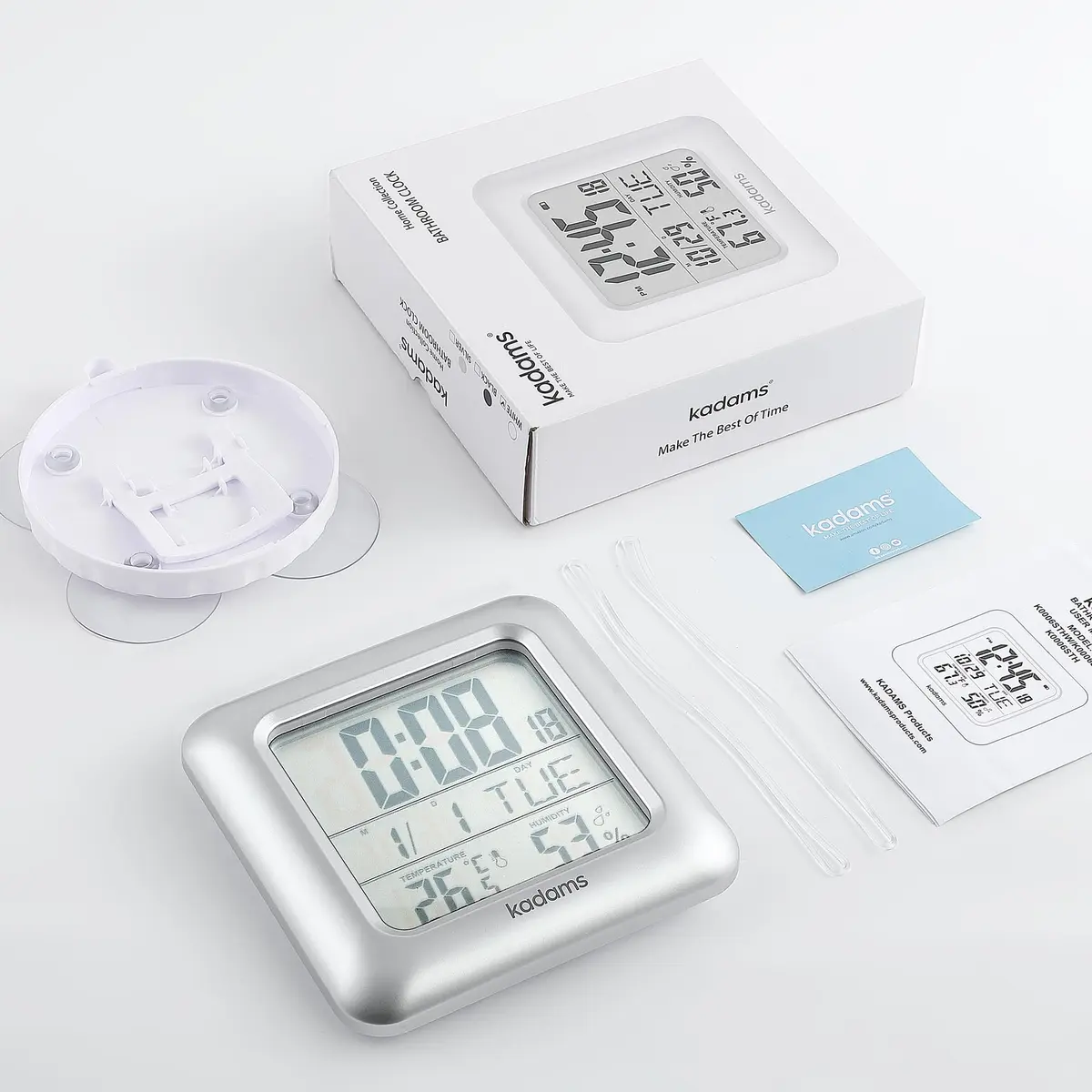 KADAMS 9.5" Bathroom Clock with Large LCD Screen & Temperature/Humidity Display | Water-Resistant, 4 Mounting Options, Silver - view 7