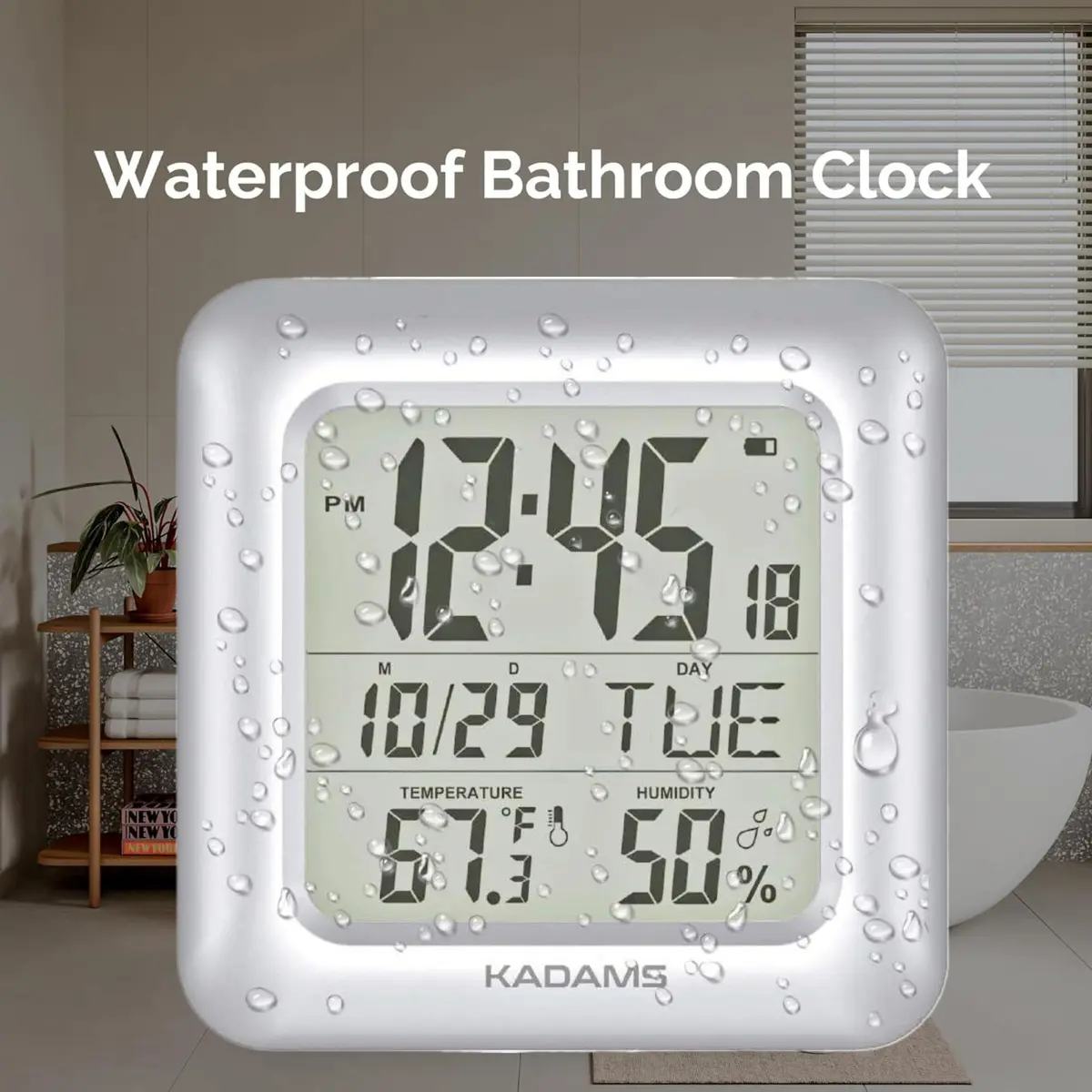 KADAMS 9.5" Bathroom Clock with Large LCD Screen & Temperature/Humidity Display | Water-Resistant, 4 Mounting Options, Silver - view 2