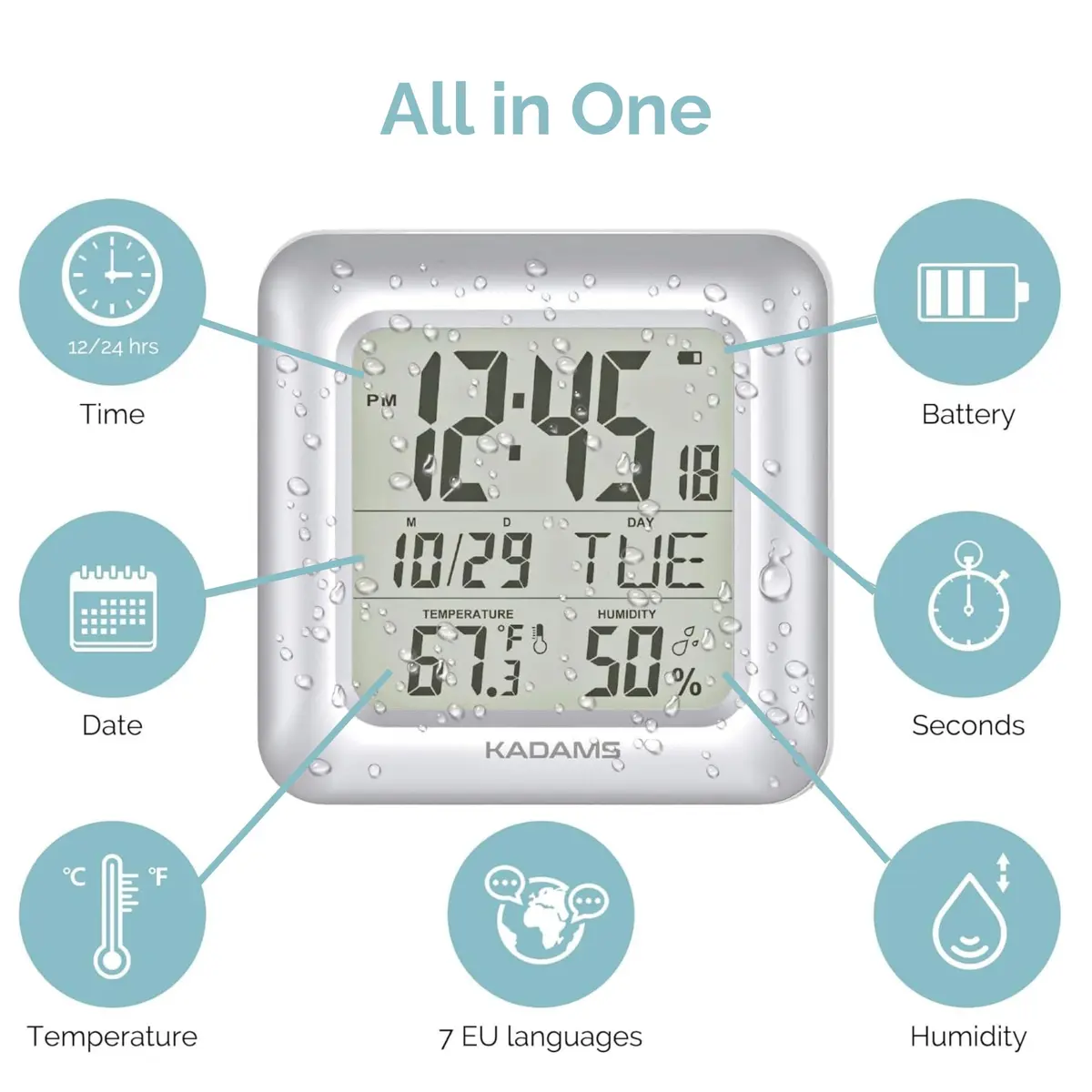 KADAMS 9.5" Bathroom Clock with Large LCD Screen & Temperature/Humidity Display | Water-Resistant, 4 Mounting Options, Silver - view 3