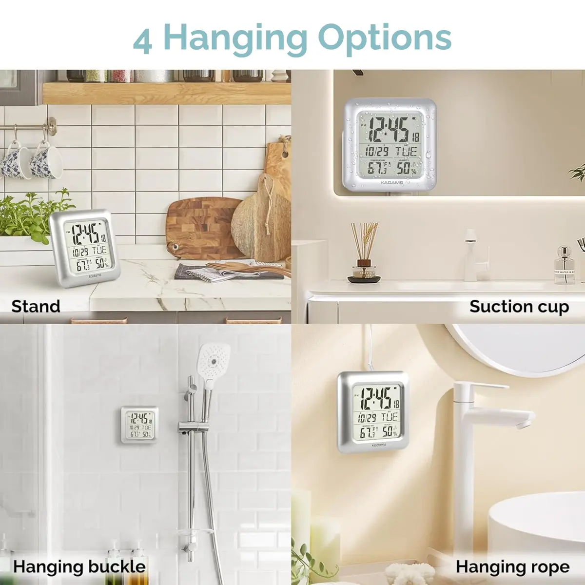 KADAMS 9.5" Bathroom Clock with Large LCD Screen & Temperature/Humidity Display | Water-Resistant, 4 Mounting Options, Silver - view 4