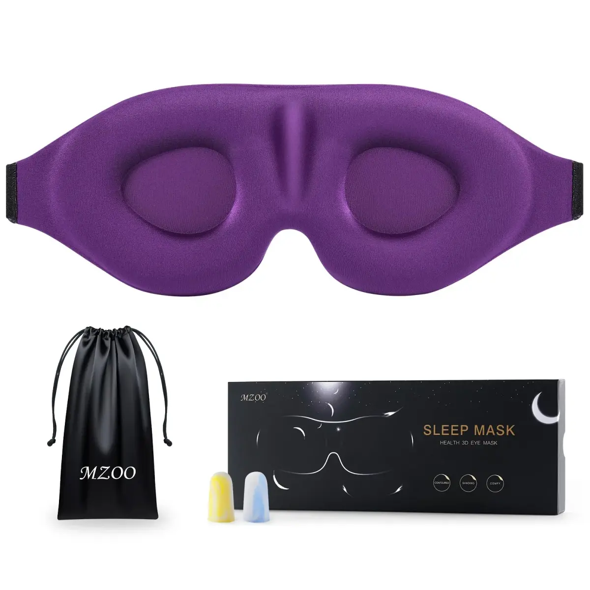 MZOO Luxury 3D Sleep Mask for Women & Men | 13mm Eye Cups, 22mm Nose Padding, 10mm Strap (Purple) - main product image