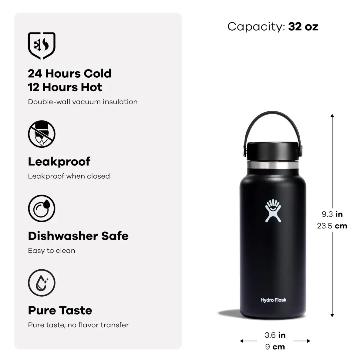 Hydro Flask 32 Oz Wide Mouth Insulated Water Bottle - Black Stainless Steel, Cold 24 Hrs, Hot 12 Hrs - view 4