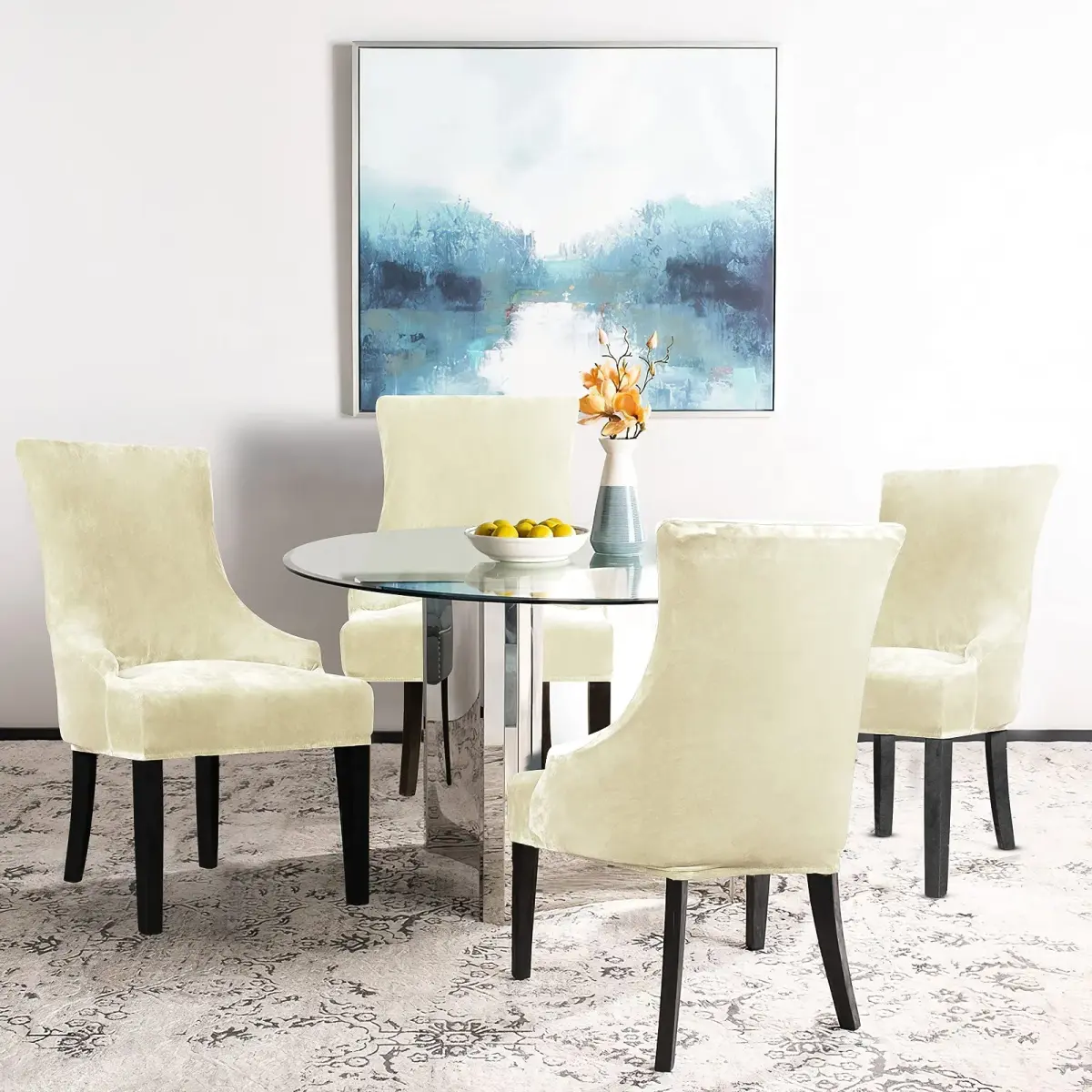 Lellen Velvet Stretch Wingback Chair Cover Slipcover - Cream, 1PC | Fits Dining & Living Room Chairs - view 2