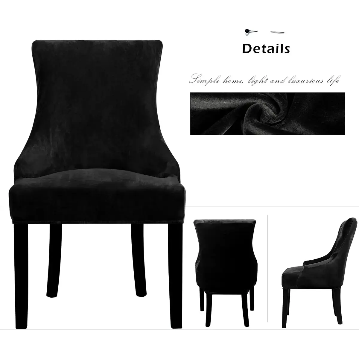 Lellen Velvet Stretch Wingback Chair Cover Slipcover 1PC Black | Fits Dining & Living Room Chairs - view 3