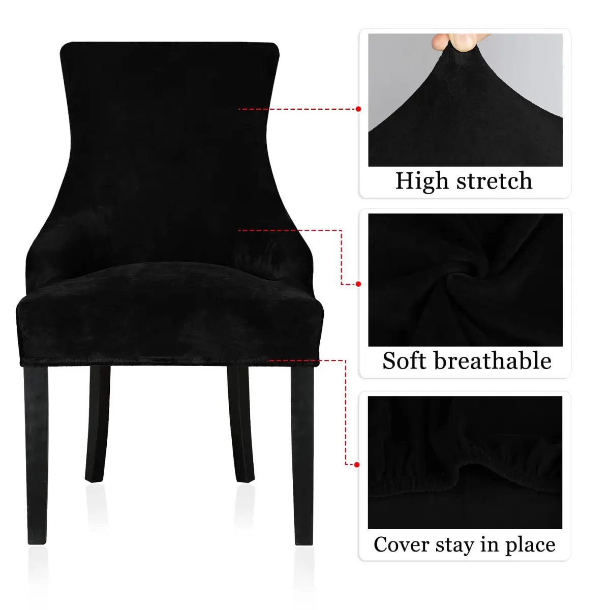 Lellen Velvet Stretch Wingback Chair Cover Slipcover 1PC Black | Fits Dining & Living Room Chairs - view 4