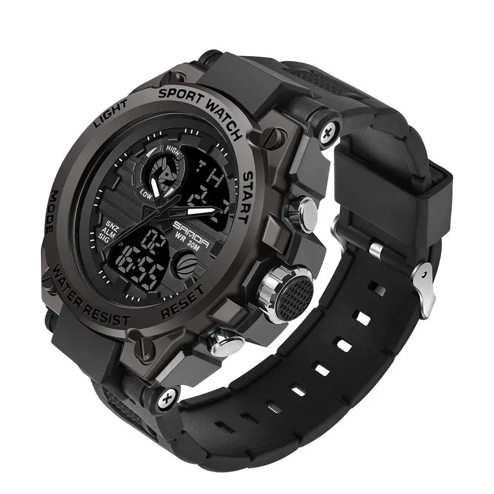 AIMES Men's All Black Sport Watch 53mm Dual Time Zone Military LED Alarm Stopwatch - main product image