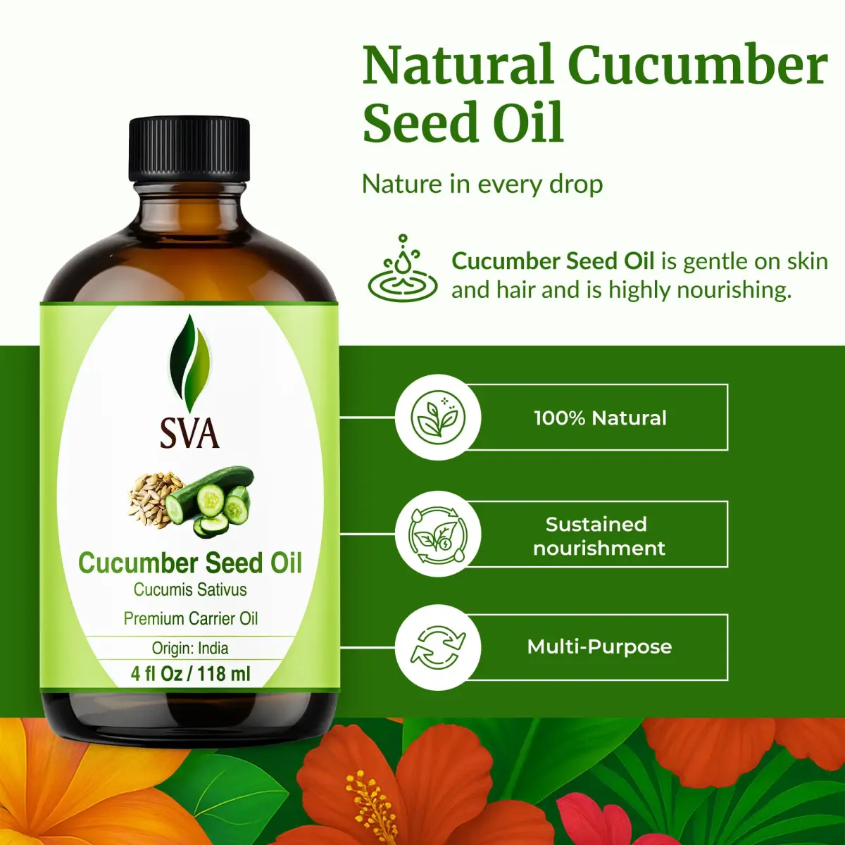 SVA ORGANICS Cucumber Seed Carrier Oil 118 ml (4 Fl Oz) | Pure, Cold-Pressed, Natural Moisturizer for Skin & Hair - view 2