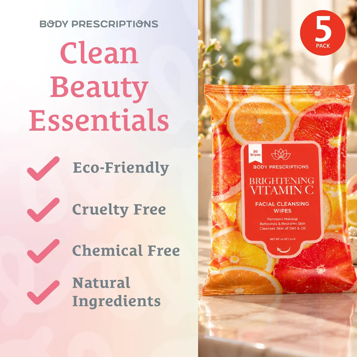 Body Prescriptions Makeup Remover Wipes - Bulk Pack, Gentle Cleansing Wipes for Easy Makeup Removal, Mint, Rosehip, Vitamin C, Lavender & Coconut | All Skin Types - view 2