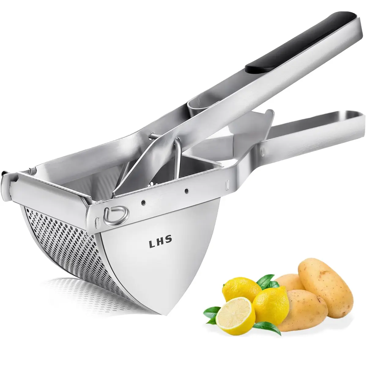 LHS Stainless Steel Potato Ricer and Masher, Heavy Duty Commercial Food Masher, Ergonomic Comfort Grip, Extra Large Capacity, Dishwasher Safe (Black) | 0.6 kg (1.32 lb) - main product image