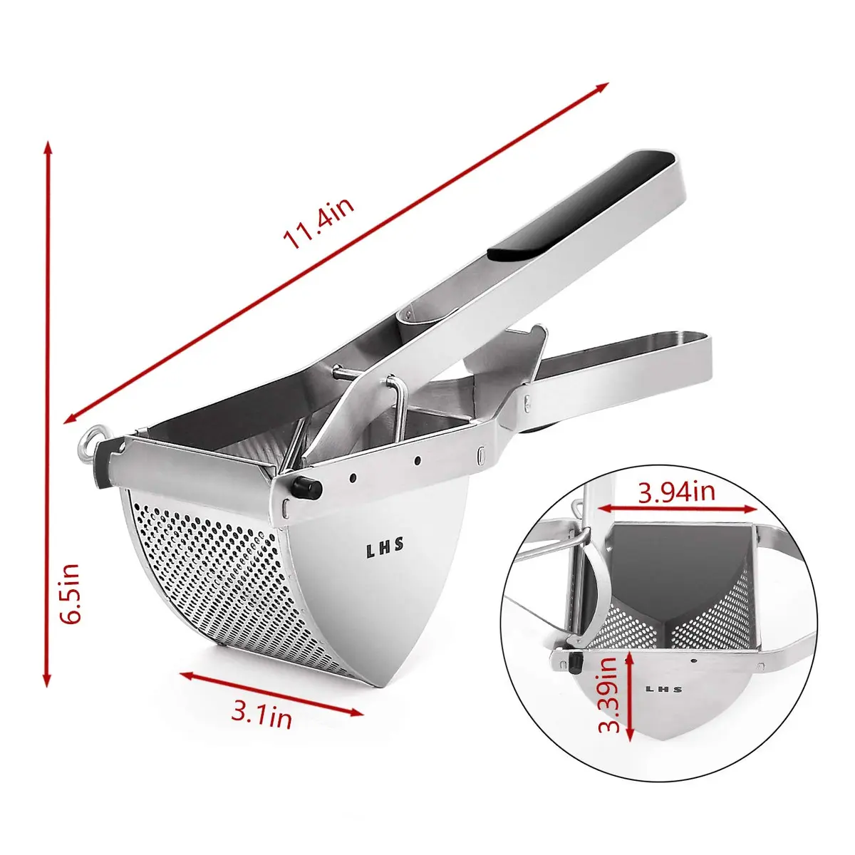 LHS Stainless Steel Potato Ricer and Masher, Heavy Duty Commercial Food Masher, Ergonomic Comfort Grip, Extra Large Capacity, Dishwasher Safe (Black) | 0.6 kg (1.32 lb) - view 7