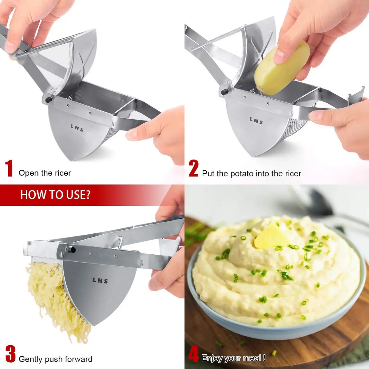 LHS Stainless Steel Potato Ricer and Masher, Heavy Duty Commercial Food Masher, Ergonomic Comfort Grip, Extra Large Capacity, Dishwasher Safe (Black) | 0.6 kg (1.32 lb) - view 8