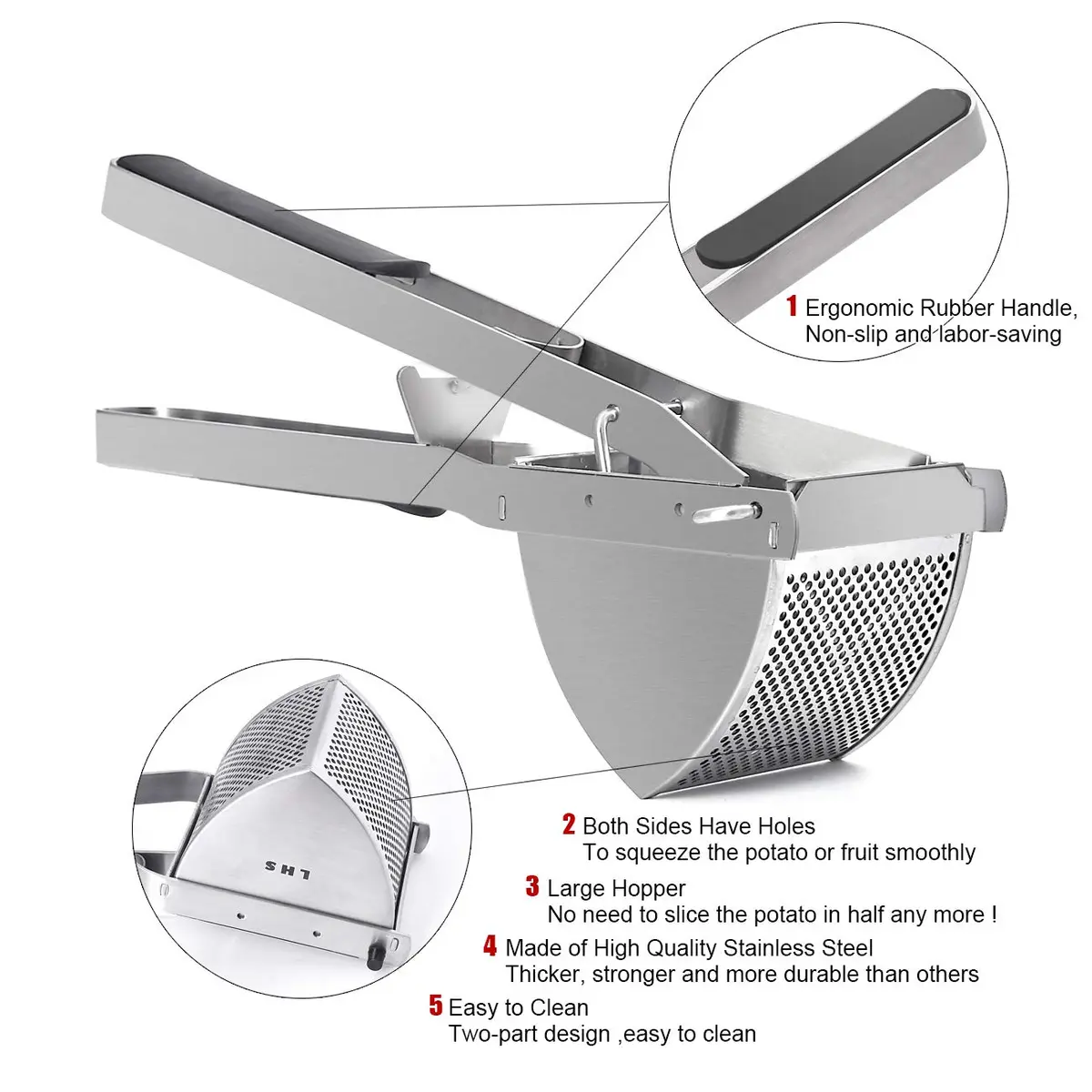 LHS Stainless Steel Potato Ricer and Masher, Heavy Duty Commercial Food Masher, Ergonomic Comfort Grip, Extra Large Capacity, Dishwasher Safe (Black) | 0.6 kg (1.32 lb) - view 3