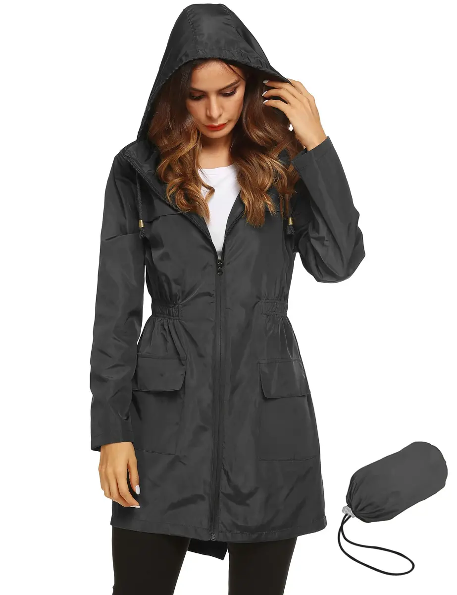 LOMON Women Waterproof Lightweight Rain Jacket Active Outdoor Hooded Raincoat (S, Black1) | Water Resistant, Breathable & Packable - main product image