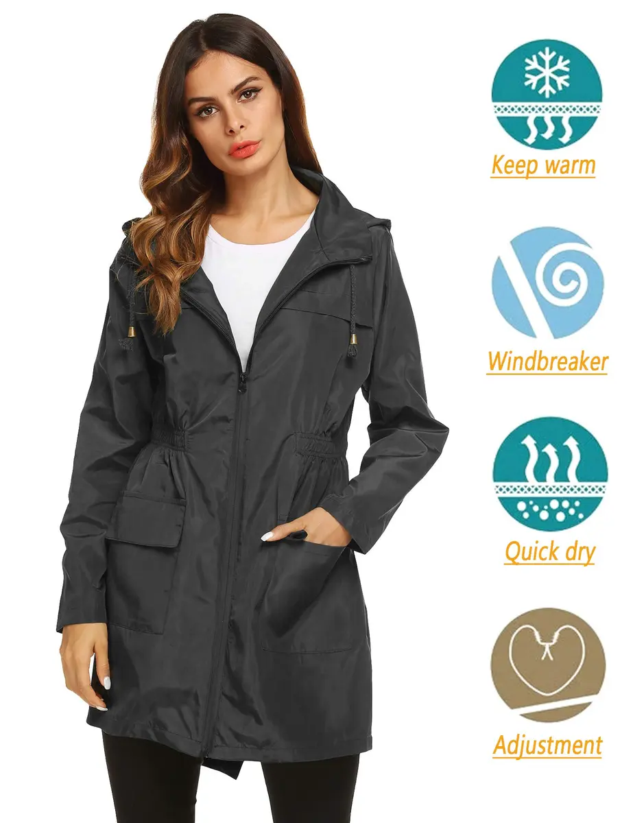 LOMON Women Waterproof Lightweight Rain Jacket Active Outdoor Hooded Raincoat (S, Black1) | Water Resistant, Breathable & Packable - view 3