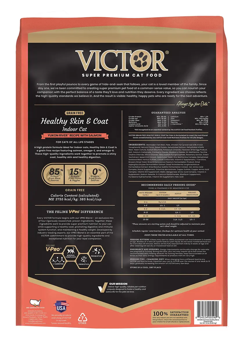 VICTOR Healthy Skin & Coat Dry Cat Food - Indoor Salmon Kibble, 15 lb | Grain-Free, High Protein, Supports Skin & Coat - view 2