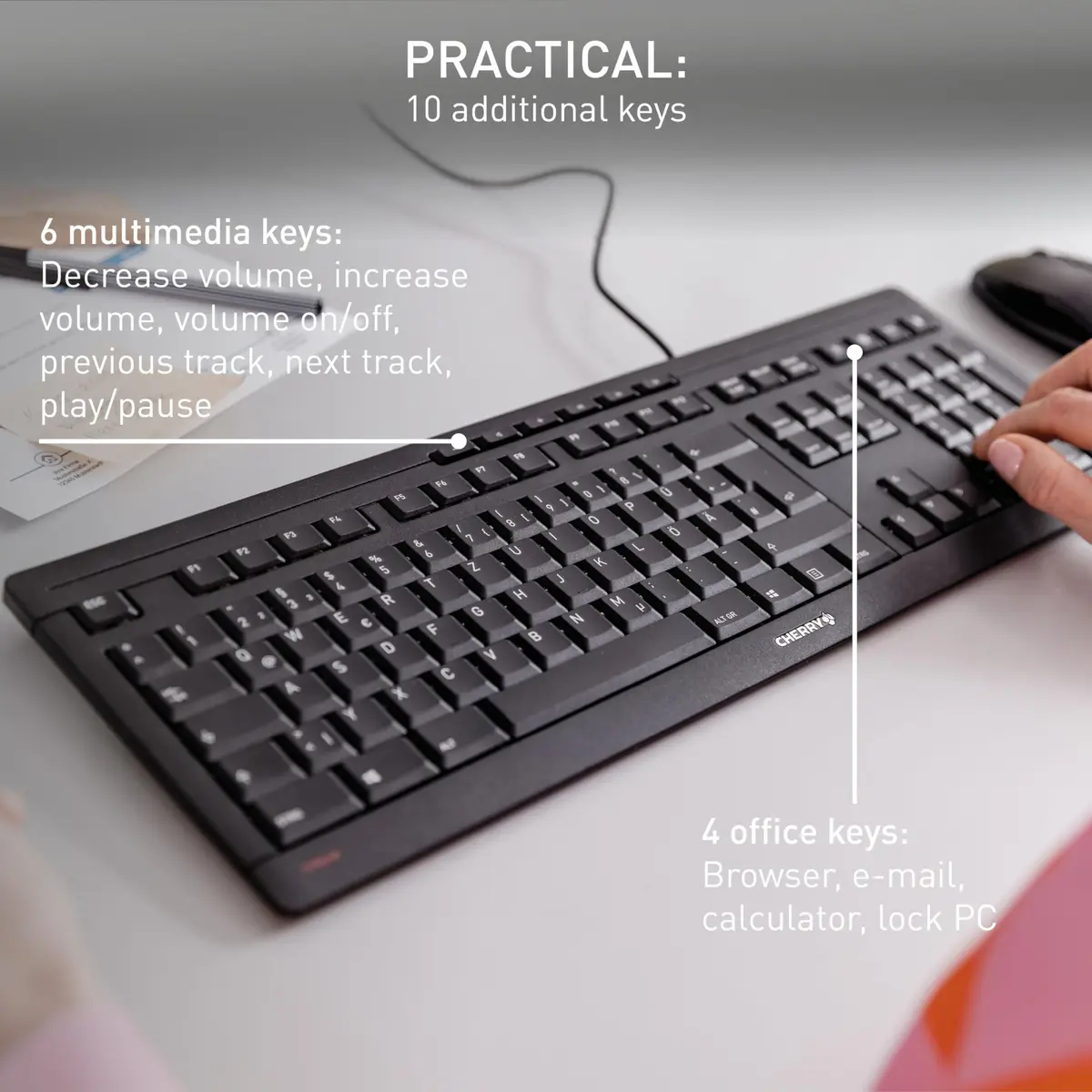 Cherry Stream Keyboard | Wired Slim Whisper Quiet Silent Keys Black | 18.23 in (46.3 cm) Length - view 3
