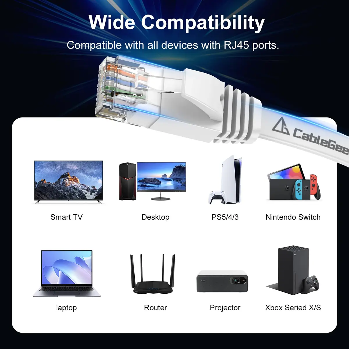 CableGeeker Cat 6 Flat Ethernet Cable 5ft 6Pack | 10Gbps, White, Ultra Slim - view 7
