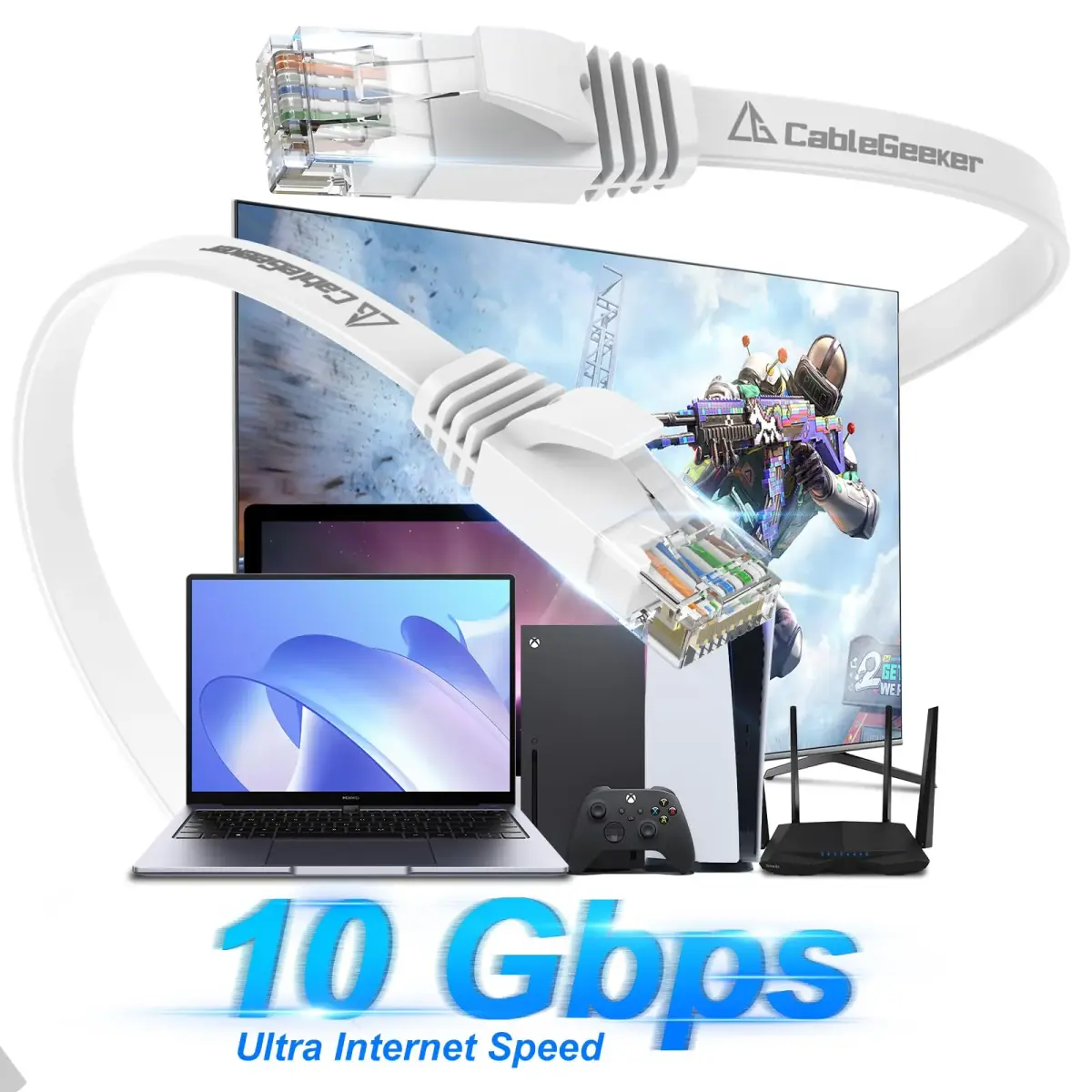 CableGeeker Cat 6 Flat Ethernet Cable 5ft 6 Pack, White - High-Speed Network Connectivity - view 2