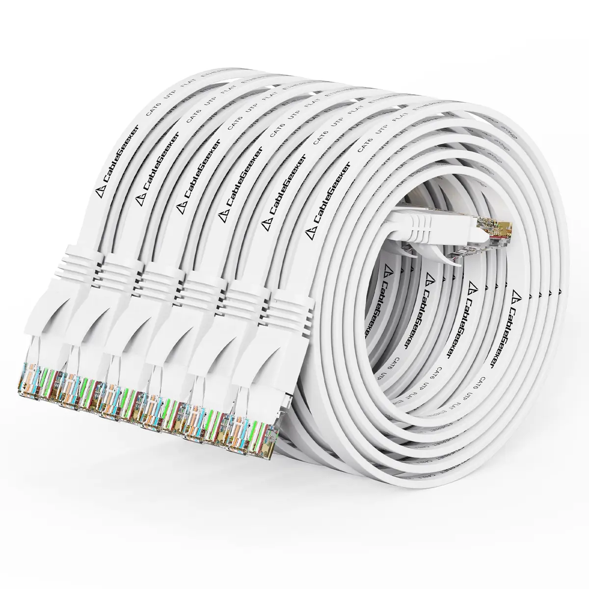 CableGeeker Cat 6 Flat Ethernet Cable 3ft | 10Gbps, White, 6 Pack - main product image