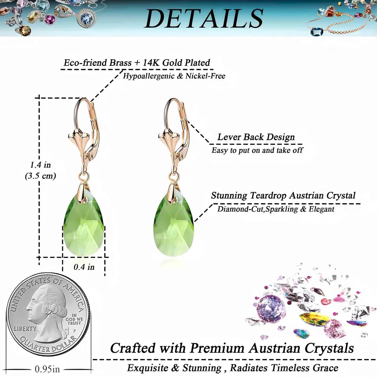 EVEVIC Austrian Crystal Teardrop Leverback Drop Earrings for Women | Hypoallergenic 14K Gold Plated Jewelry - view 4