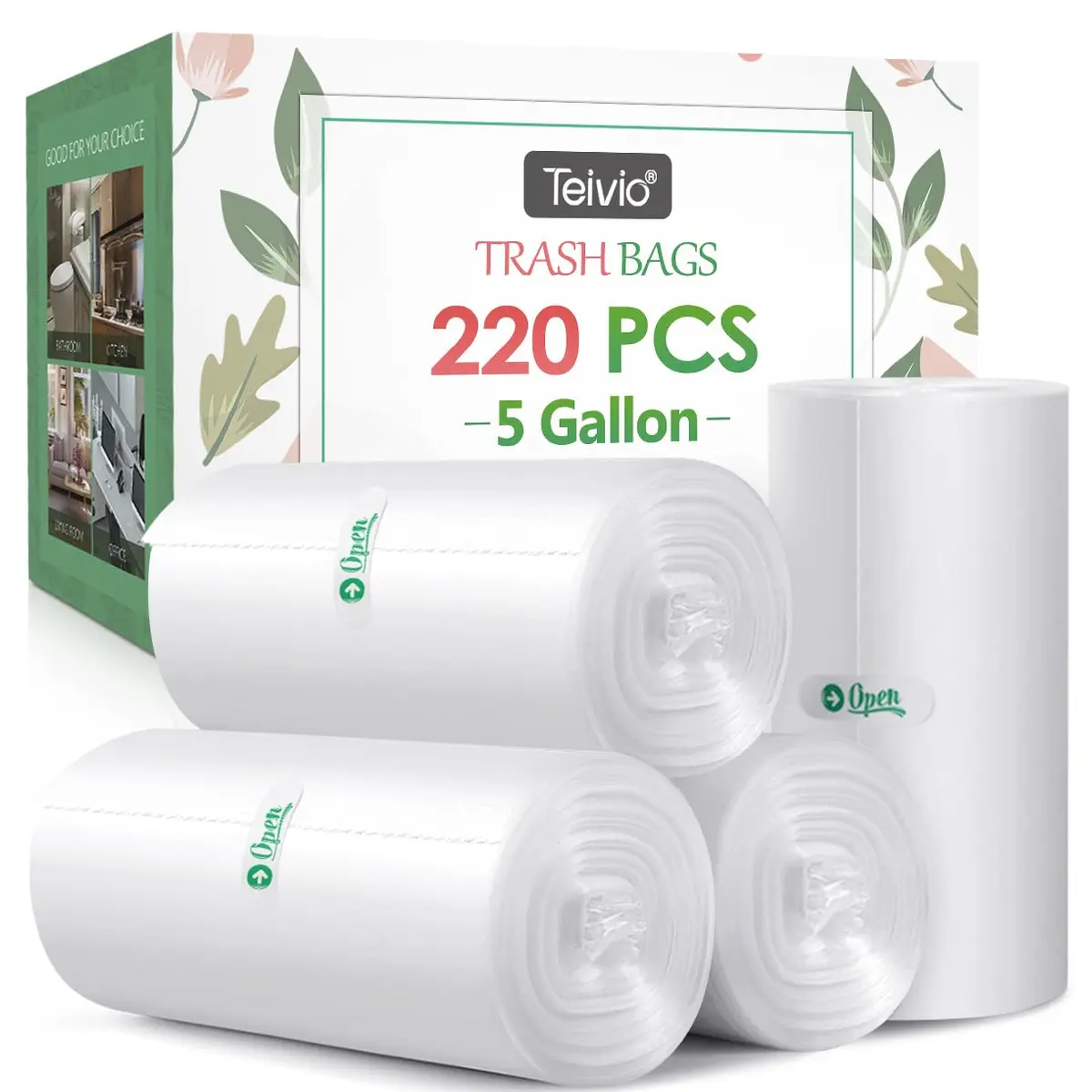 Teivio Clear Waste Bags 5 Gallon (18.9 L) | Heavy Duty HDPE Bin Liners - main product image