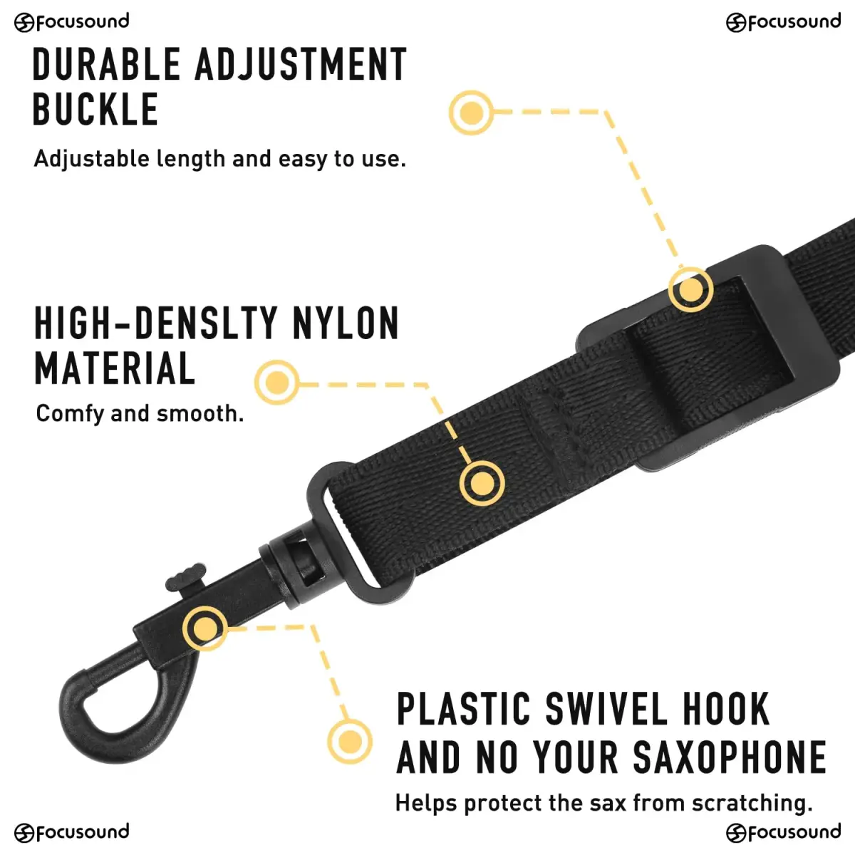 Focusound Upgraded Length Tenor Saxophone Neck Strap Soft Sax Leather Strap Padded for Alto and Tenor Saxophone | Adjustable 43.2cm–58cm - view 4