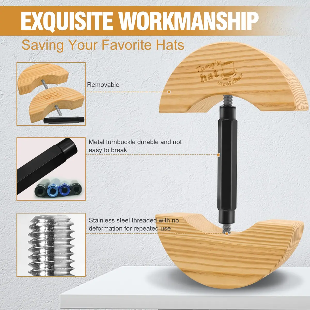 Tang's Solid Wood Hat Stretcher & Size Expander for Fitted Hats, Baseball Caps & Cowboy Hats, Hand-Polished Hat Block with Adjustable Turnbuckle (17-22.5 cm) | Restores Shape & Prevents Warping - view 2