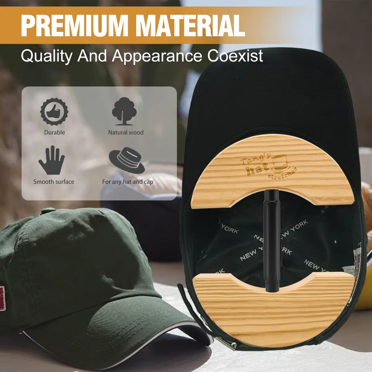 Tang's Solid Wood Hat Stretcher & Size Expander for Fitted Hats, Baseball Caps & Cowboy Hats, Hand-Polished Hat Block with Adjustable Turnbuckle (17-22.5 cm) | Restores Shape & Prevents Warping - view 3