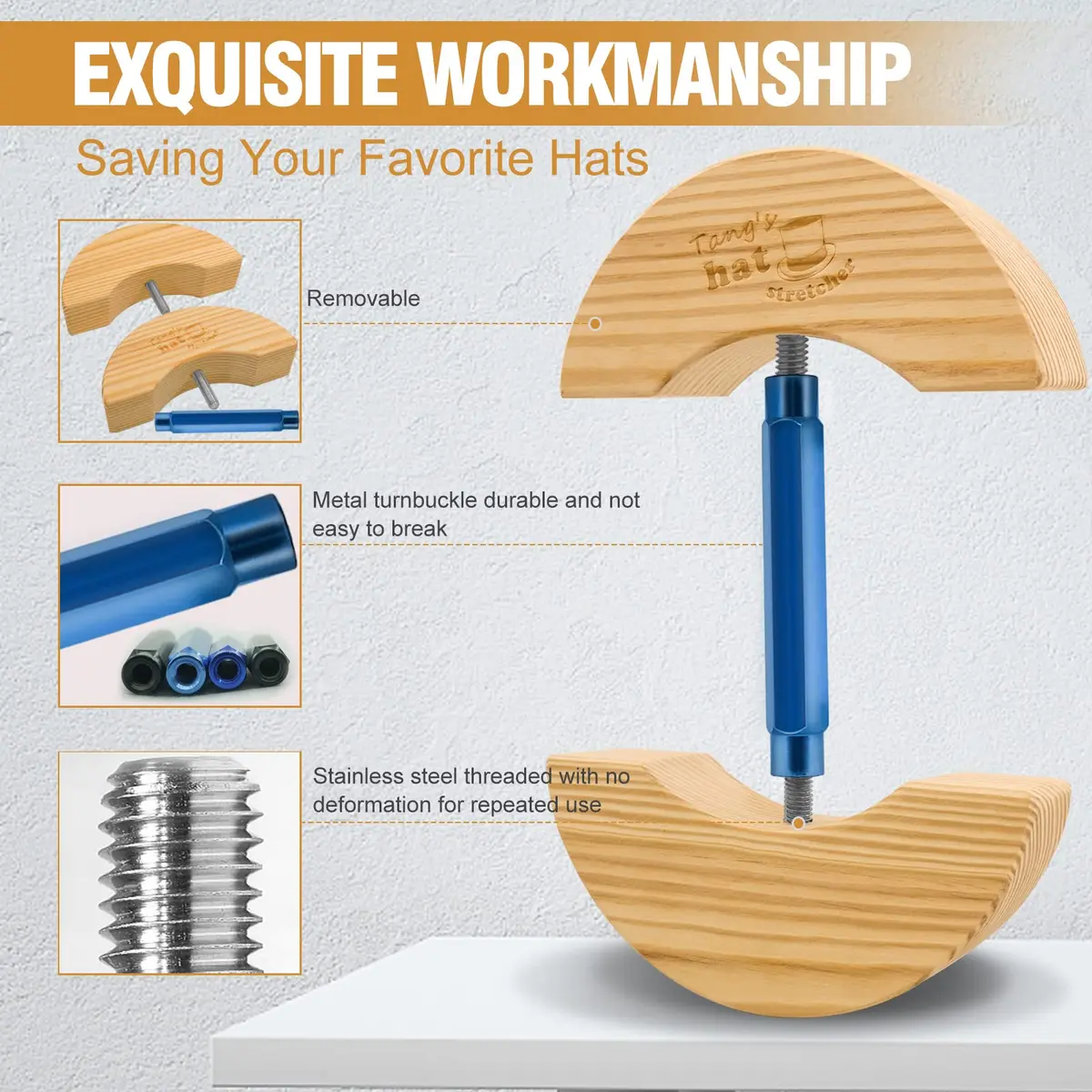 Tang's Wooden Hat Stretcher for Fitted Hats, Large Blue | Adjustable Turn Buckle Hat Shaper - view 2