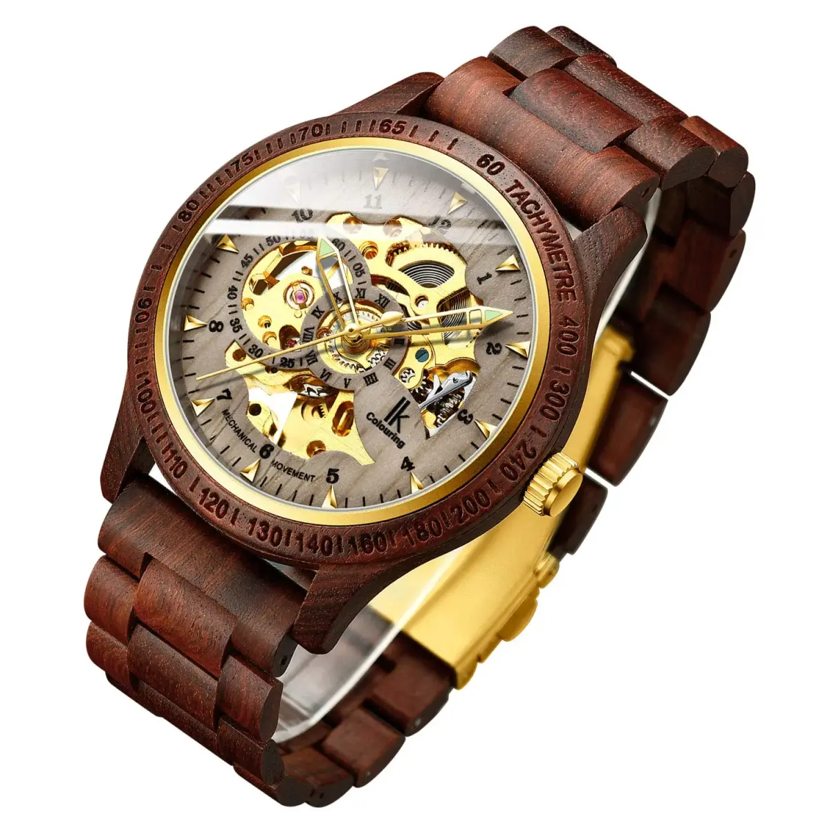 IK COLOURING Men's Luxury Mechanical Wooden Watch with Skeleton Dial, Luminous Hands, Brown (44mm Case) - main product image