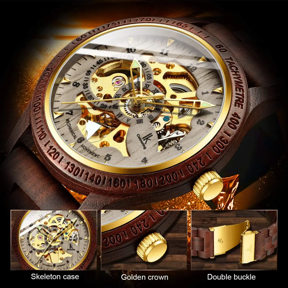 IK COLOURING Men's Luxury Mechanical Wooden Watch with Skeleton Dial, Luminous Hands, Brown (44mm Case) - view 5